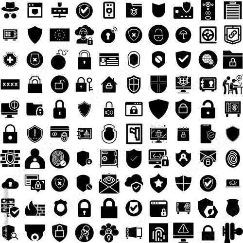 Collection Of 100 Security Icons Set Isolated Solid Silhouette Icons Including Technology, Computer, Security, Secure, Protection, Internet, Privacy Infographic Elements Vector Illustration Logo