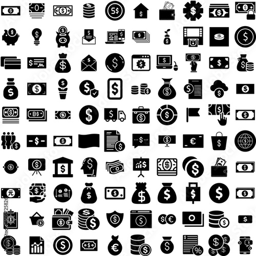 Collection Of 100 Dollar Icons Set Isolated Solid Silhouette Icons Including Currency, Business, Dollar, Finance, Bank, Banking, Money Infographic Elements Vector Illustration Logo