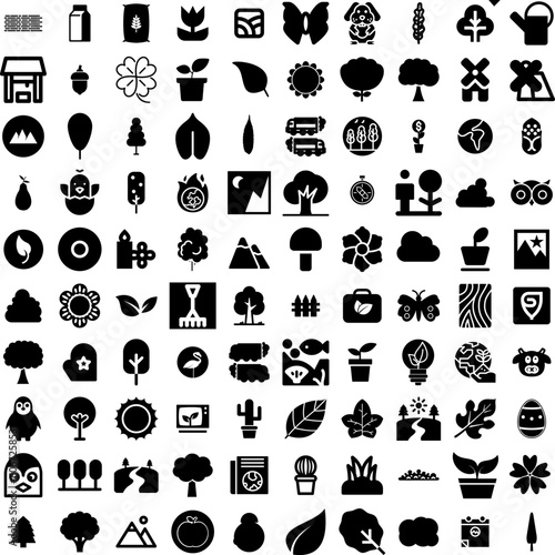 Collection Of 100 Nature Icons Set Isolated Solid Silhouette Icons Including Tree, Nature, Green, Natural, Background, Summer, Beautiful Infographic Elements Vector Illustration Logo