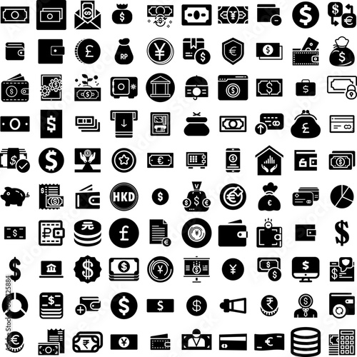 Collection Of 100 Money Icons Set Isolated Solid Silhouette Icons Including Currency, Business, Finance, Cash, Money, Payment, Dollar Infographic Elements Vector Illustration Logo