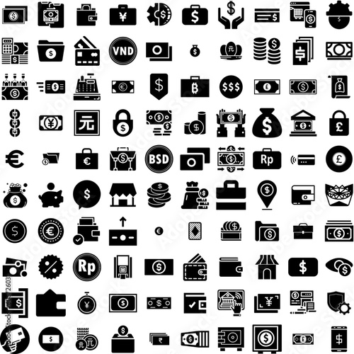 Collection Of 100 Money Icons Set Isolated Solid Silhouette Icons Including Finance, Money, Dollar, Currency, Business, Cash, Payment Infographic Elements Vector Illustration Logo