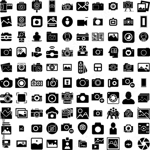 Collection Of 100 Photo Icons Set Isolated Solid Silhouette Icons Including Frame, Blank, Design, Paper, Picture, Photo, Retro Infographic Elements Vector Illustration Logo