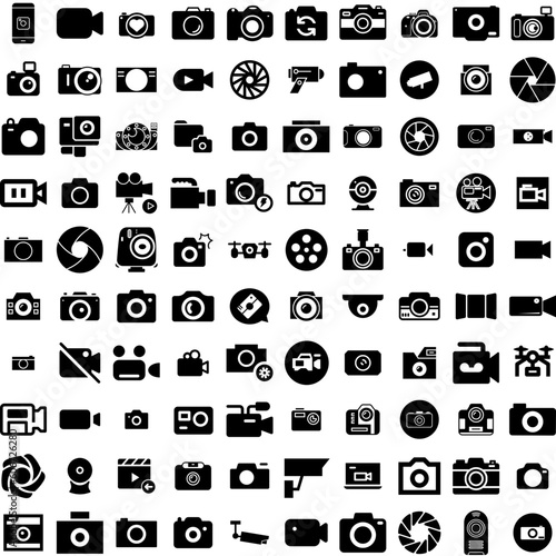 Collection Of 100 Camera Icons Set Isolated Solid Silhouette Icons Including Camera, Lens, Equipment, Illustration, Photo, Photography, Digital Infographic Elements Vector Illustration Logo