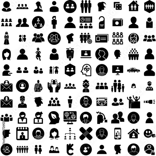 Collection Of 100 People Icons Set Isolated Solid Silhouette Icons Including Work, Female, People, Business, Team, Group, Person Infographic Elements Vector Illustration Logo