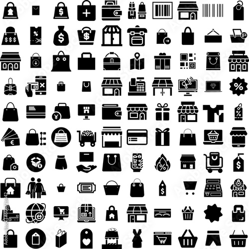 Collection Of 100 Shopping Icons Set Isolated Solid Silhouette Icons Including Store, Discount, Business, Buy, Promotion, Sale, Shop Infographic Elements Vector Illustration Logo