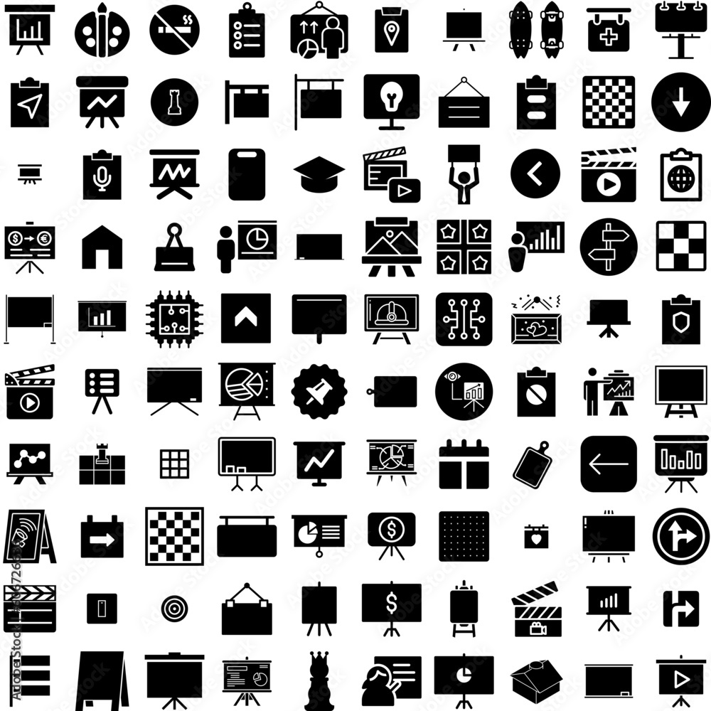 Collection Of 100 Board Icons Set Isolated Solid Silhouette Icons Including Texture, Wood, Blank, Board, Empty, Design, Background Infographic Elements Vector Illustration Logo