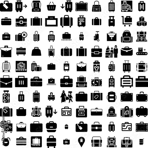 Collection Of 100 Baggage Icons Set Isolated Solid Silhouette Icons Including Bag, Baggage, Luggage, Suitcase, Travel, Airport, Vacation Infographic Elements Vector Illustration Logo