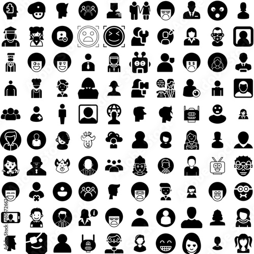 Collection Of 100 Avatar Icons Set Isolated Solid Silhouette Icons Including People, Person, Man, Face, Avatar, Human, Male Infographic Elements Vector Illustration Logo