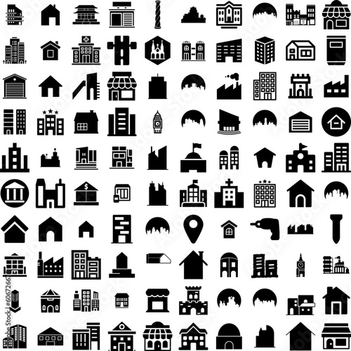 Collection Of 100 Building Icons Set Isolated Solid Silhouette Icons Including Office, City, Urban, Architecture, Construction, Business, Building Infographic Elements Vector Illustration Logo