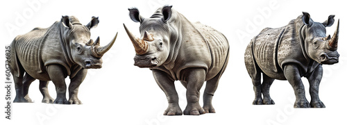 Three different images of a rhinoceros, on a transparent background, Generative AI photo