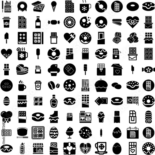 Collection Of 100 Chocolate Icons Set Isolated Solid Silhouette Icons Including Cocoa, Food, Isolated, Dessert, Chocolate, Brown, Sweet Infographic Elements Vector Illustration Logo