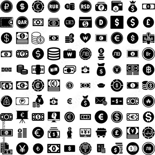 Collection Of 100 Currency Icons Set Isolated Solid Silhouette Icons Including Business, Cash, Money, Exchange, Payment, Finance, Currency Infographic Elements Vector Illustration Logo