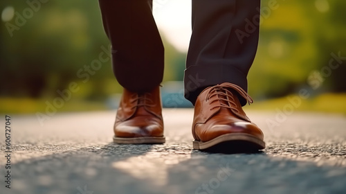 A man's brown leather shoes are on a road.