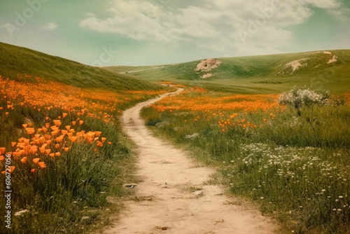 Un camino de tierra que conduce a un campo de amapolas naranjas junto a otras flores delicadas Fototapet