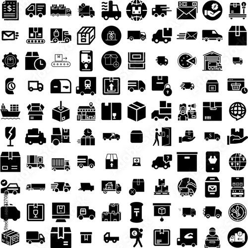 Collection Of 100 Delivery Icons Set Isolated Solid Silhouette Icons Including Order, Shipping, Service, Fast, Delivery, Transport, Courier Infographic Elements Vector Illustration Logo