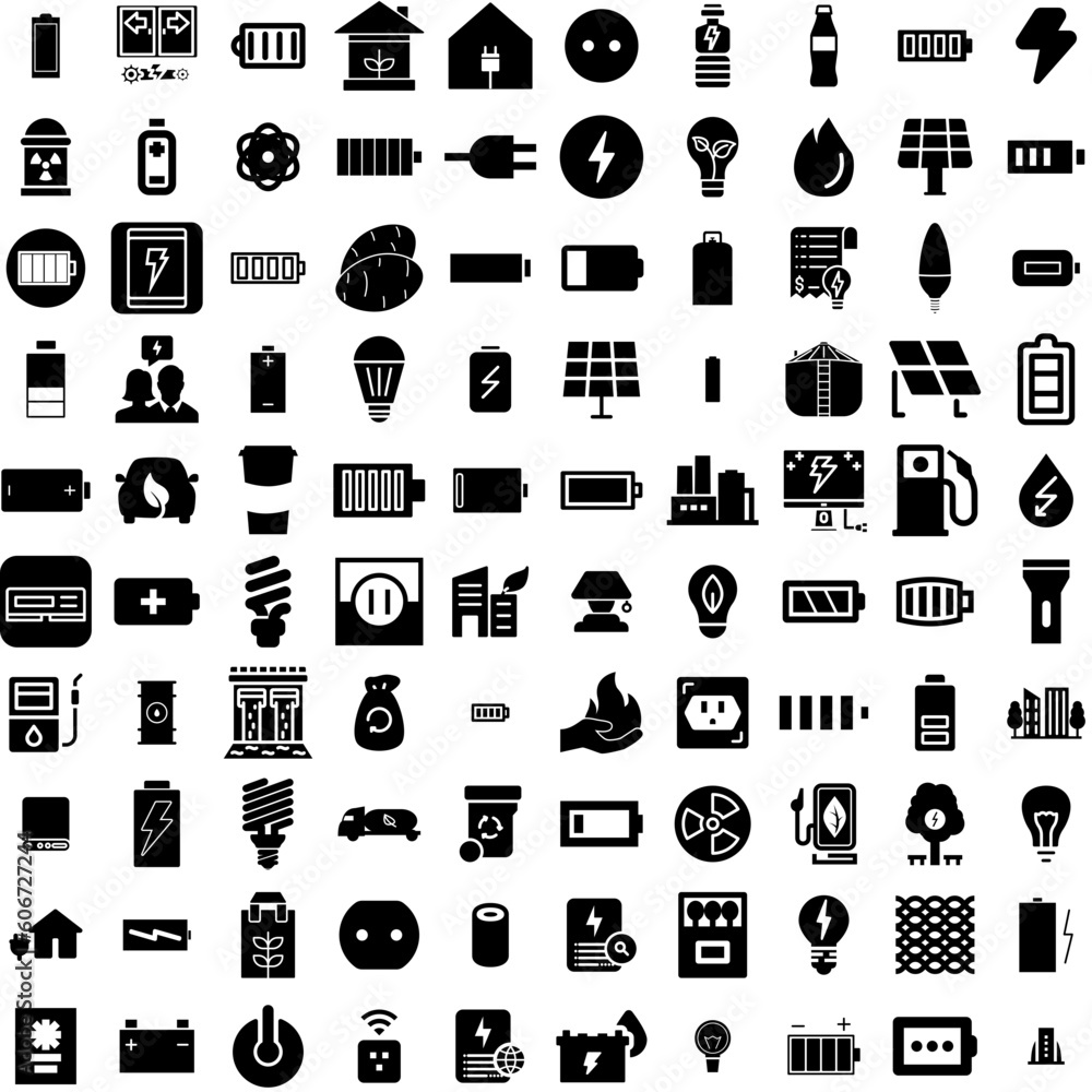 Collection Of 100 Energy Icons Set Isolated Solid Silhouette Icons Including Environment, Ecology, Electricity, Power, Energy, Green, Electric Infographic Elements Vector Illustration Logo