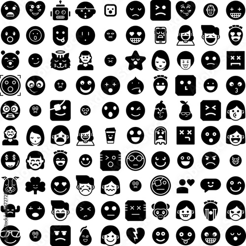 Collection Of 100 Emotion Icons Set Isolated Solid Silhouette Icons Including Emotion, Face, Illustration, Expression, Symbol, Happy, Smile Infographic Elements Vector Illustration Logo