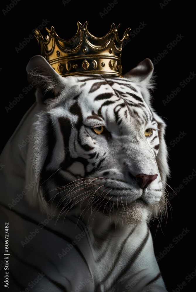 White tiger with golden crown on black background. Generative AI. White tiger with golden crown on black background. Generative AI.