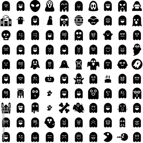Collection Of 100 Ghost Icons Set Isolated Solid Silhouette Icons Including Ghost, Horror, Spooky, Halloween, Death, Scary, White Infographic Elements Vector Illustration Logo