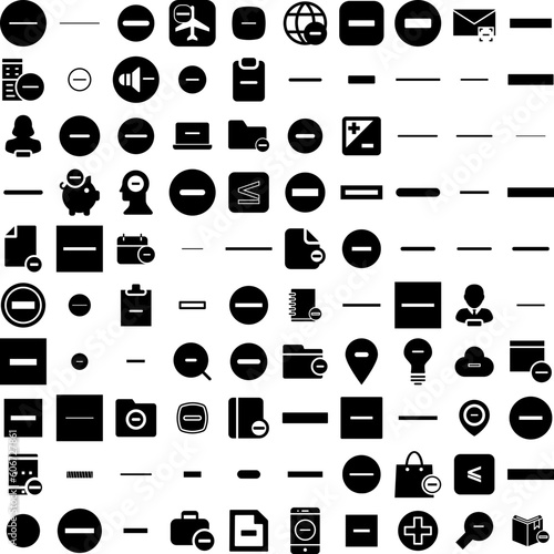 Collection Of 100 Minus Icons Set Isolated Solid Silhouette Icons Including Minus, Plus, Sign, Icon, Symbol, Vector, Negative Infographic Elements Vector Illustration Logo photo