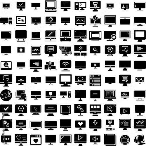 Collection Of 100 Monitor Icons Set Isolated Solid Silhouette Icons Including Computer, Business, Display, Technology, Monitor, Screen, Isolated Infographic Elements Vector Illustration Logo