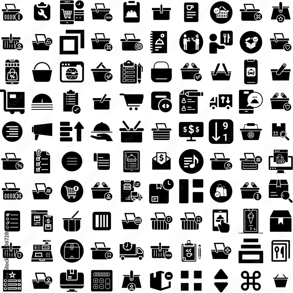 Collection Of 100 Order Icons Set Isolated Solid Silhouette Icons Including Vector, Order, Buy, Icon, Store, Shop, Online Infographic Elements Vector Illustration Logo