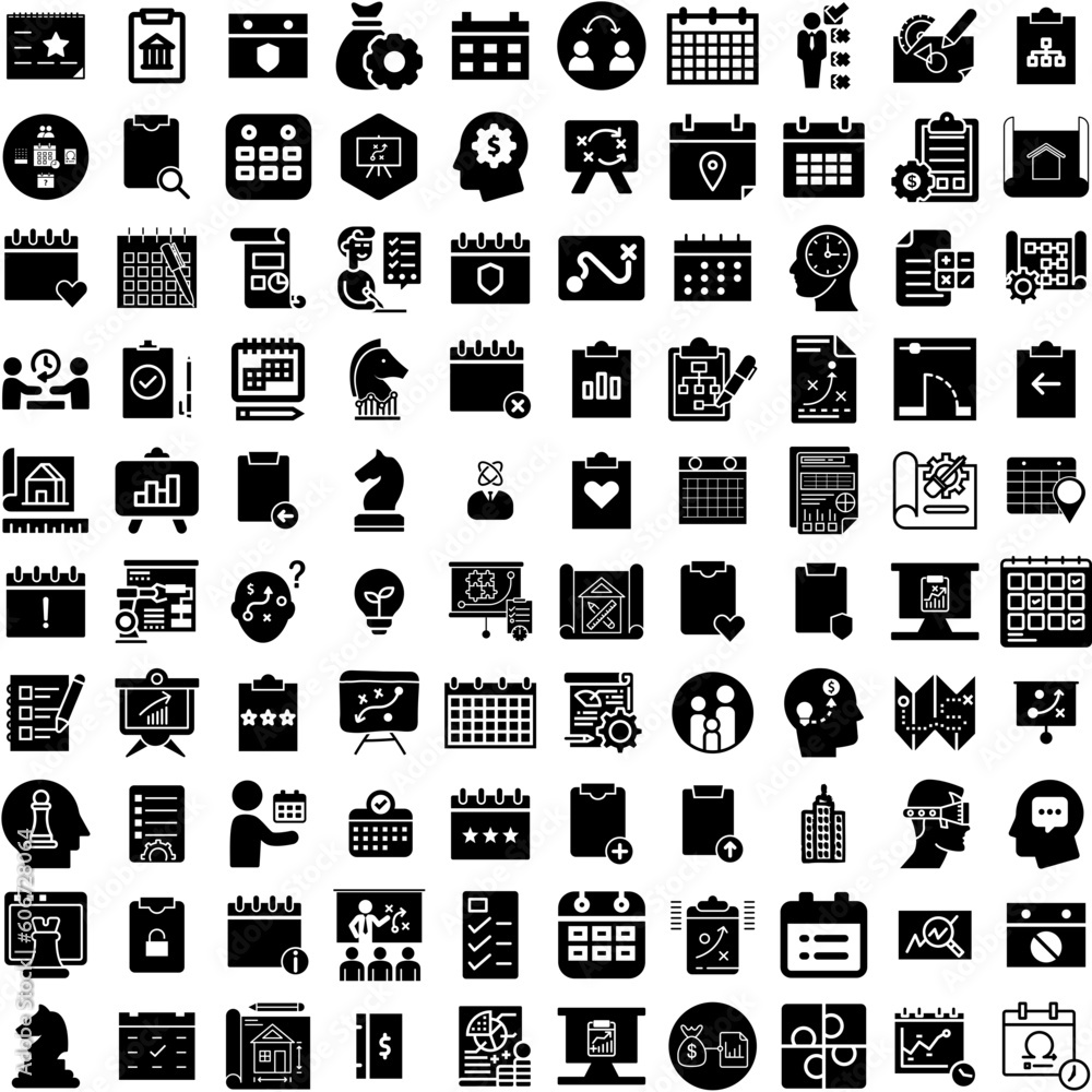 Collection Of 100 Planning Icons Set Isolated Solid Silhouette Icons Including Project, Strategy, Office, Business, Meeting, Plan, Team Infographic Elements Vector Illustration Logo