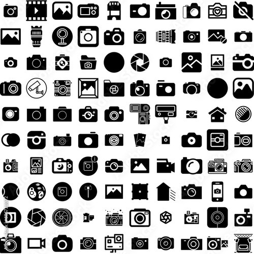 Collection Of 100 Photography Icons Set Isolated Solid Silhouette Icons Including Camera, Technology, Lens, Equipment, Photo, Photography, Photographer Infographic Elements Vector Illustration Logo