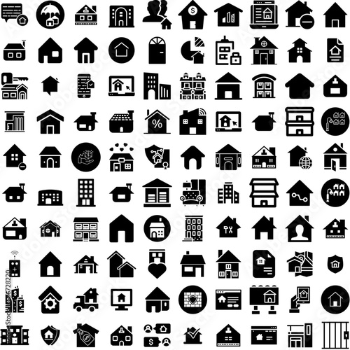 Collection Of 100 Property Icons Set Isolated Solid Silhouette Icons Including Estate, House, Concept, Property, Home, Mortgage, Business Infographic Elements Vector Illustration Logo