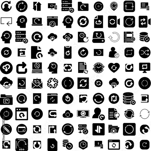 Collection Of 100 Reload Icons Set Isolated Solid Silhouette Icons Including Sign, Reload, Icon, Circle, Refresh, Arrow, Symbol Infographic Elements Vector Illustration Logo