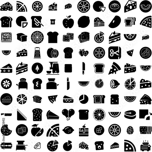 Collection Of 100 Slice Icons Set Isolated Solid Silhouette Icons Including Fresh, Food, Ripe, Background, Slice, Isolated, White Infographic Elements Vector Illustration Logo