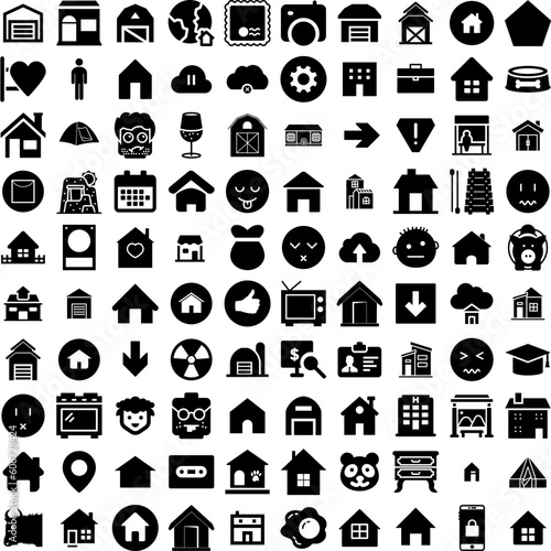 Collection Of 100 Shelter Icons Set Isolated Solid Silhouette Icons Including Homeless, Cute, Adoption, Dog, Shelter, Pet, Animal Infographic Elements Vector Illustration Logo