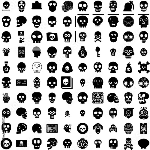 Collection Of 100 Skull Icons Set Isolated Solid Silhouette Icons Including Skeleton, Human, Horror, Skull, Bone, Dead, Death Infographic Elements Vector Illustration Logo