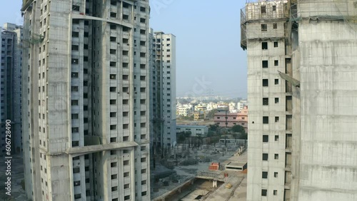 Constructon building in Banglore, India drone shot down to up, shot on 12-12-2019 photo