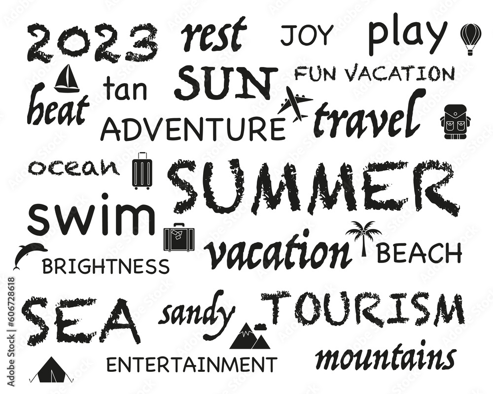 Vector illustration. Lettering composition of summer holidays, isolated on a white background with drawings. Vector illustration. Lettering composition of summer holidays, isolated on a white background with drawings.