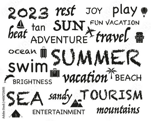 Vector illustration. Lettering composition of summer holidays  isolated on a white background with drawings.
