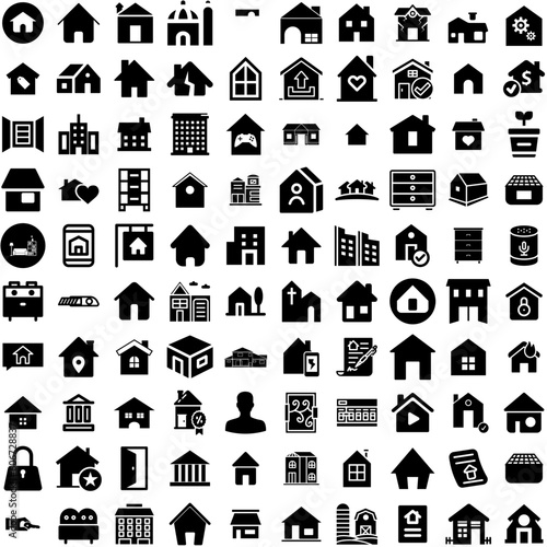 Collection Of 100 House Icons Set Isolated Solid Silhouette Icons Including Property, Home, Building, House, Residential, Architecture, Estate Infographic Elements Vector Illustration Logo