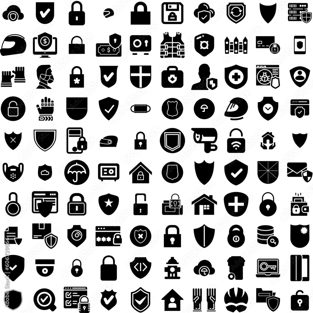 Collection Of 100 Protection Icons Set Isolated Solid Silhouette Icons Including Safety, Shield, Secure, Technology, Protection, Concept, Protect Infographic Elements Vector Illustration Logo
