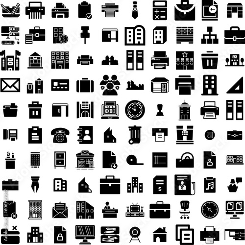 Collection Of 100 Office Icons Set Isolated Solid Silhouette Icons Including Table  Business  Office  Technology  Modern  Work  Computer Infographic Elements Vector Illustration Logo