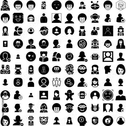 Collection Of 100 Avatar Icons Set Isolated Solid Silhouette Icons Including Face, Person, Avatar, Man, Male, People, Human Infographic Elements Vector Illustration Logo