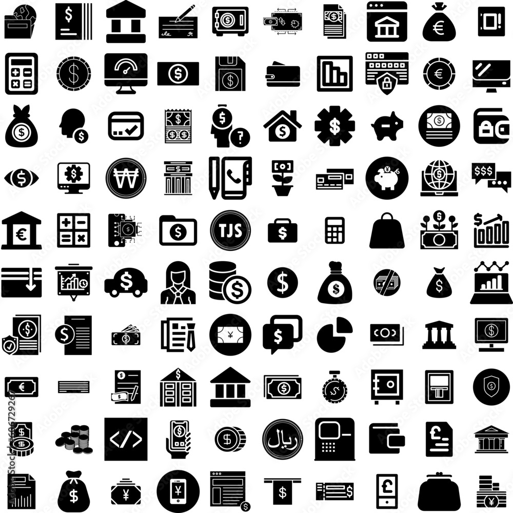 Collection Of 100 Finance Icons Set Isolated Solid Silhouette Icons Including Business, Investment, Growth, Money, Financial, Economy, Finance Infographic Elements Vector Illustration Logo