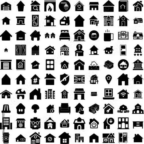 Collection Of 100 House Icons Set Isolated Solid Silhouette Icons Including House, Building, Residential, Estate, Property, Home, Architecture Infographic Elements Vector Illustration Logo