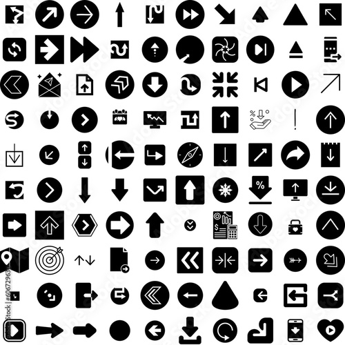 Collection Of 100 Arrow Icons Set Isolated Solid Silhouette Icons Including Set, Collection, Sign, Design, Vector, Arrow, Symbol Infographic Elements Vector Illustration Logo