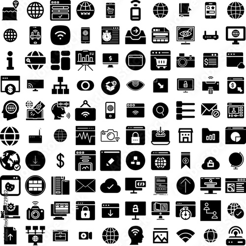 Collection Of 100 Internet Icons Set Isolated Solid Silhouette Icons Including Concept, Communication, Network, Technology, Web, Internet, Background Infographic Elements Vector Illustration Logo