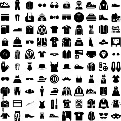 Collection Of 100 Fashion Icons Set Isolated Solid Silhouette Icons Including Fashion, Fashionable, Trendy, Woman, Model, Beautiful, Style Infographic Elements Vector Illustration Logo