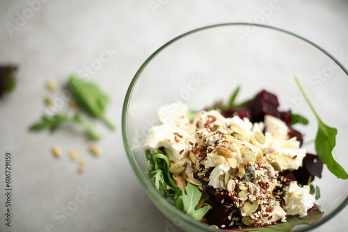 Healthy food, salad of vegetables, cheese and seeds