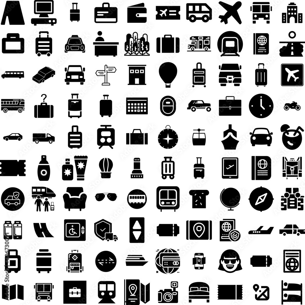 Collection Of 100 Travel Icons Set Isolated Solid Silhouette Icons Including Holiday, Travel, Vacation, Journey, Airplane, Tourism, Trip Infographic Elements Vector Illustration Logo