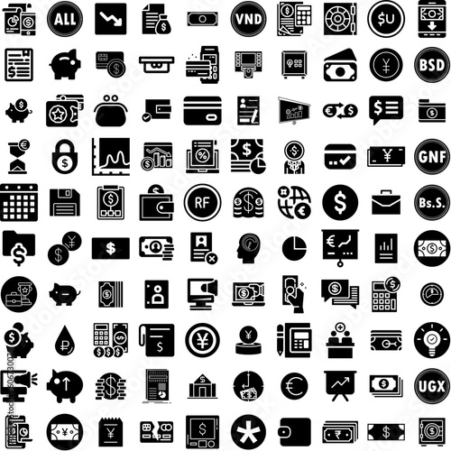 Collection Of 100 Finance Icons Set Isolated Solid Silhouette Icons Including Money, Finance, Financial, Investment, Growth, Economy, Business Infographic Elements Vector Illustration Logo