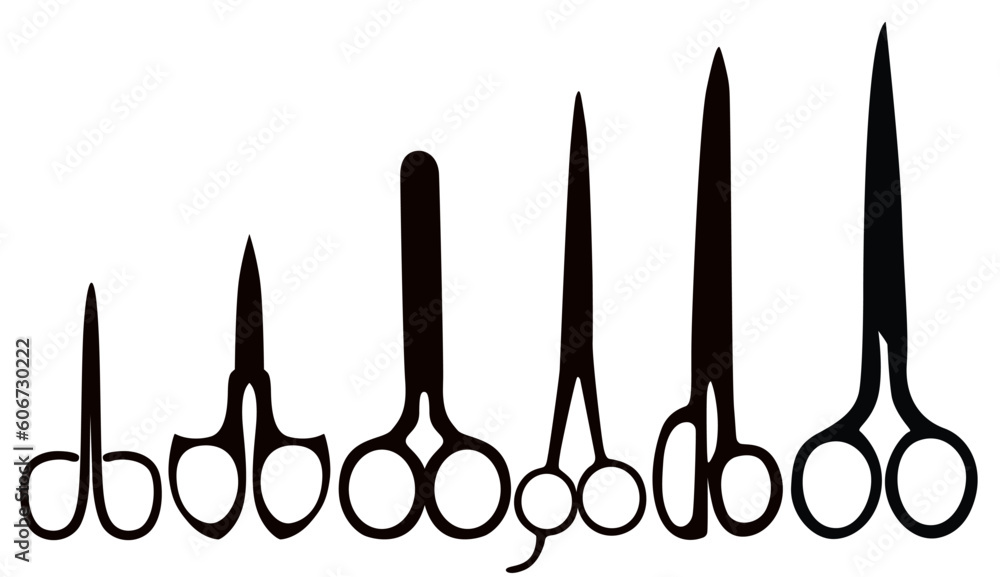 set silhouette icon scissors, cut, icon, tailor, salon, hair, haircut, fashion, set, hairdresser, handle, illustration, object, outline, paper, professional, shadow, shape, tool, utility, vector, art