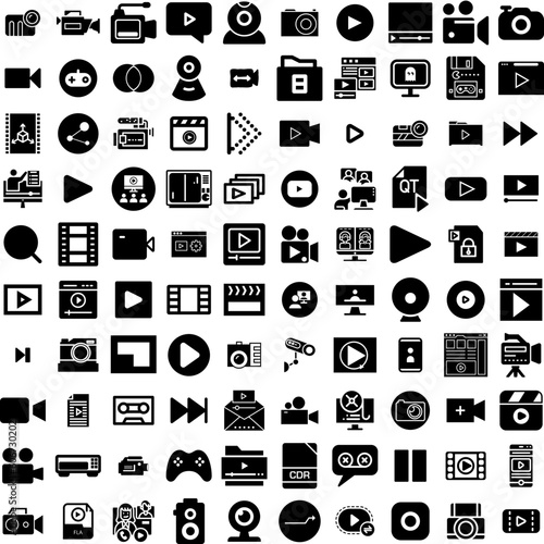 Collection Of 100 Video Icons Set Isolated Solid Silhouette Icons Including Video, Web, Internet, Vector, Play, Illustration, Media Infographic Elements Vector Illustration Logo